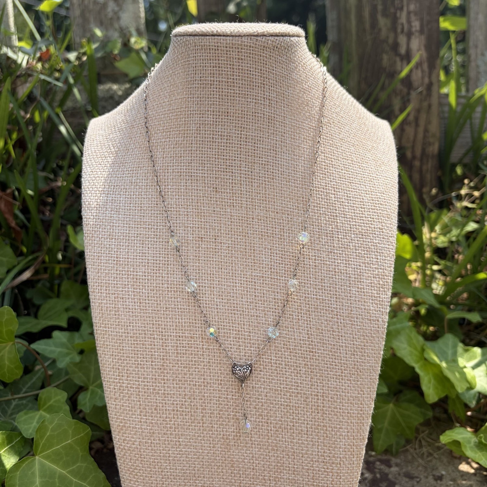 Sterling Silver Lariat Necklace Openwork Heart Pendant Faceted Crystals