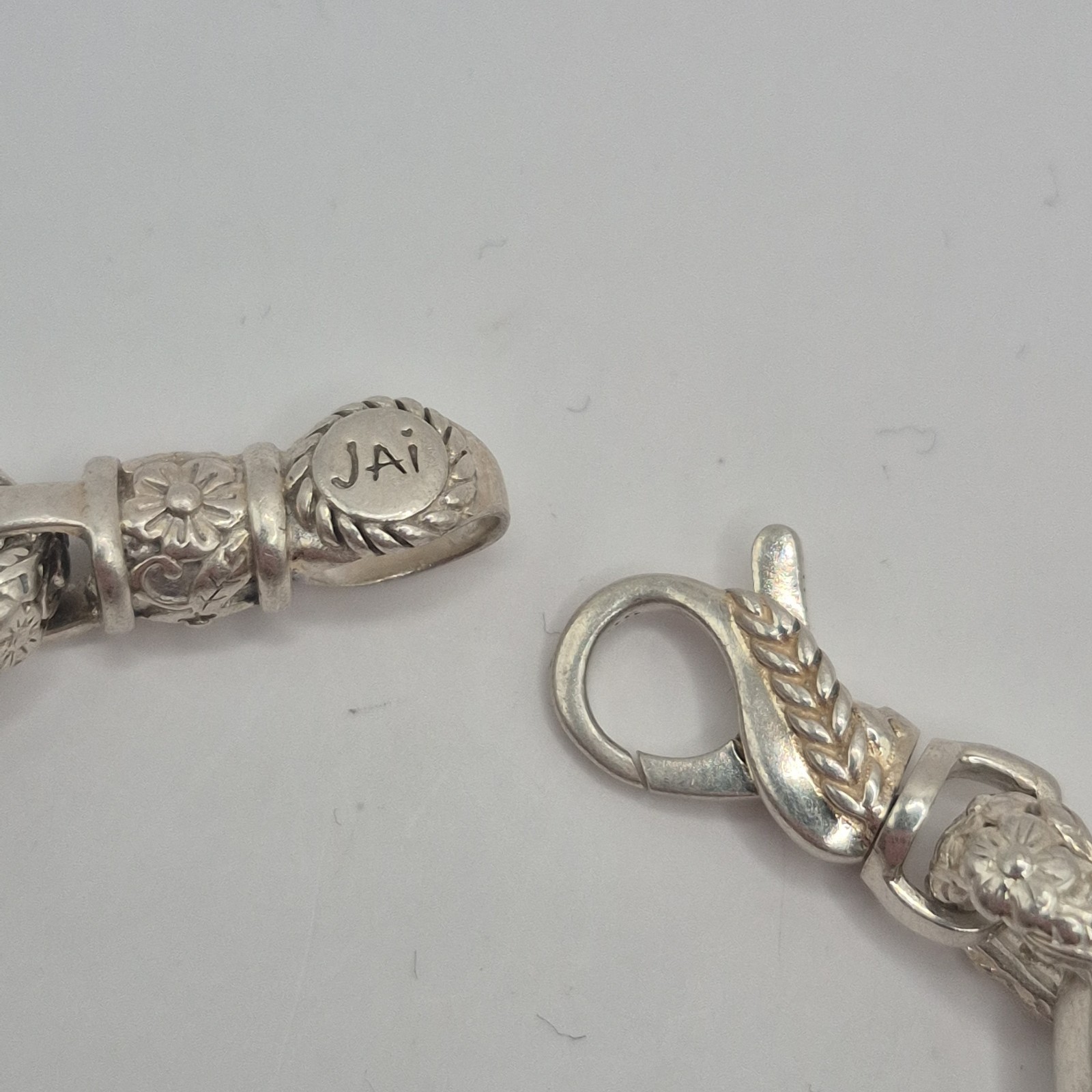 JAI Sterling Silver Chain Curb Link 44g Floral Link Motif Bracelet 925 6.75″