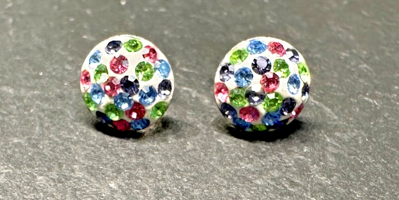 PAIR OF STERLING SILVER BLUE, PINK, GREEN, PURPLE SPARKLING STUD EARRINGS H377