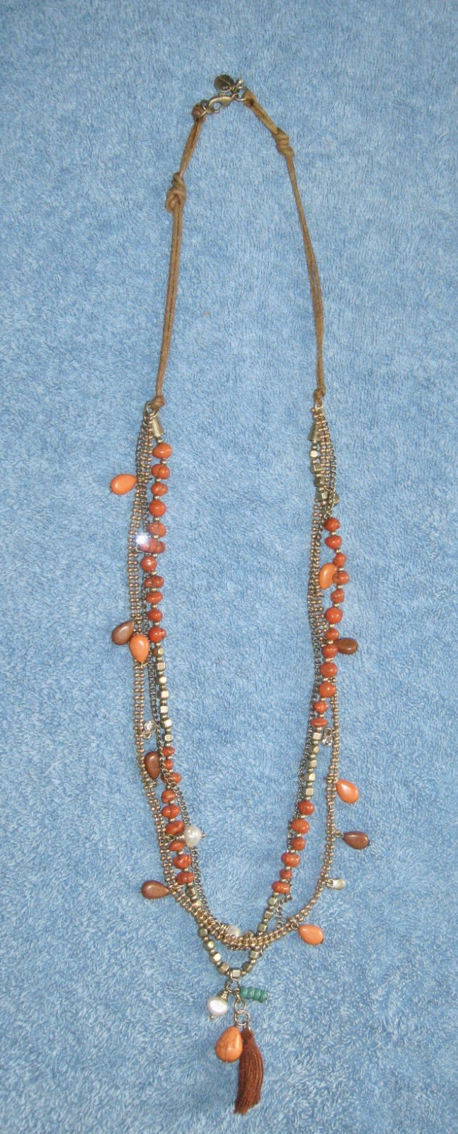 “T” Logo FLOATING 3 STRAND Orange Turquoise Beaded Necklace; Chain; Cord Lobster