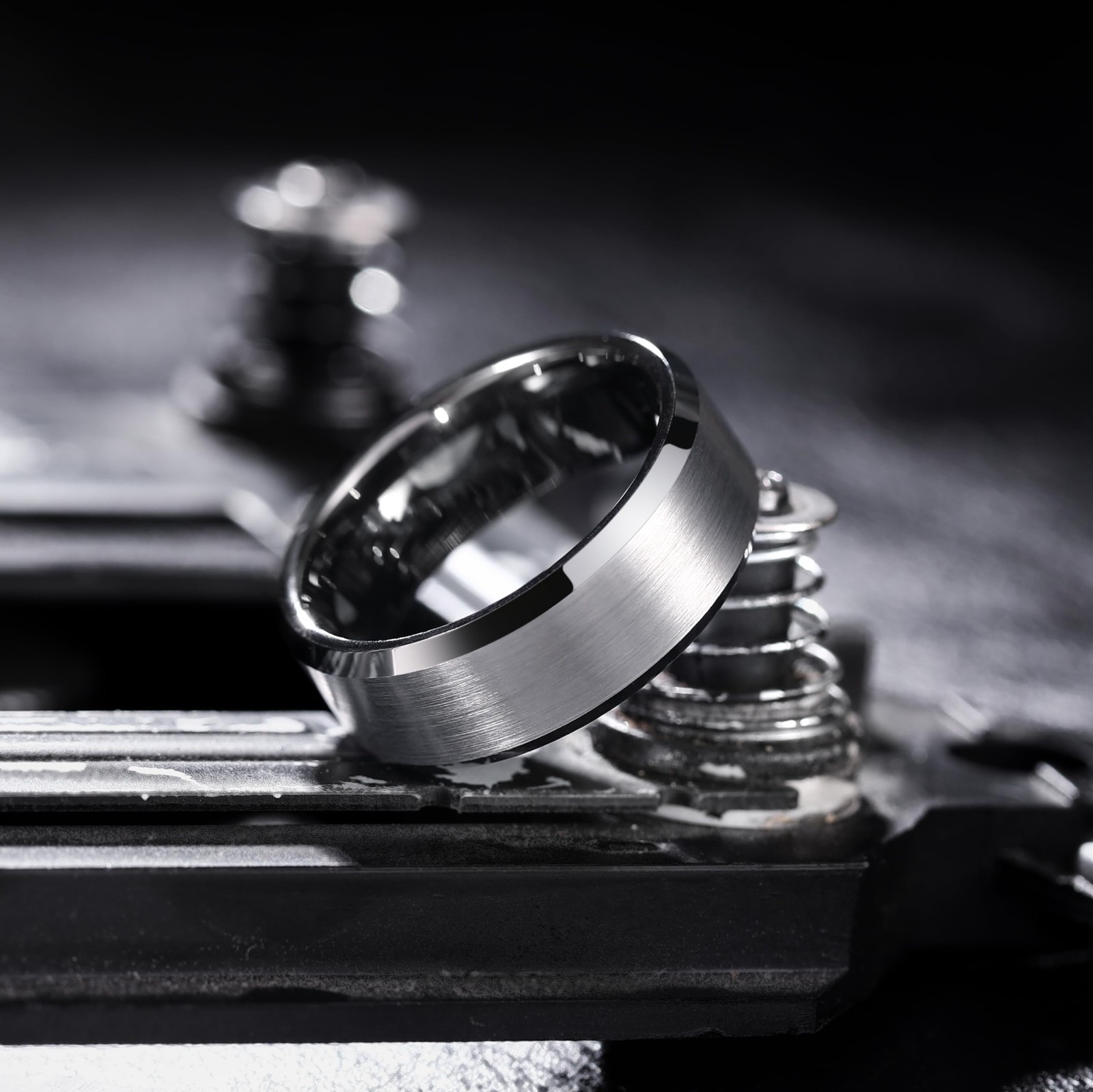 Tungsten Men’s Wedding Ring – 6mm to 10mm, Black/Silver, Matte Beveled Edge, Com
