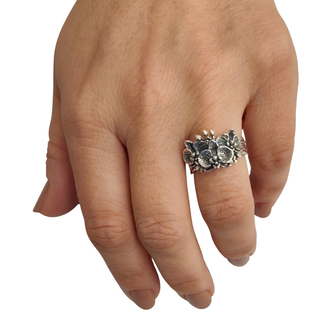 Sterling Silver Orchid Flower Ring Handmade Floral Band Stamped 925 Nickel Free
