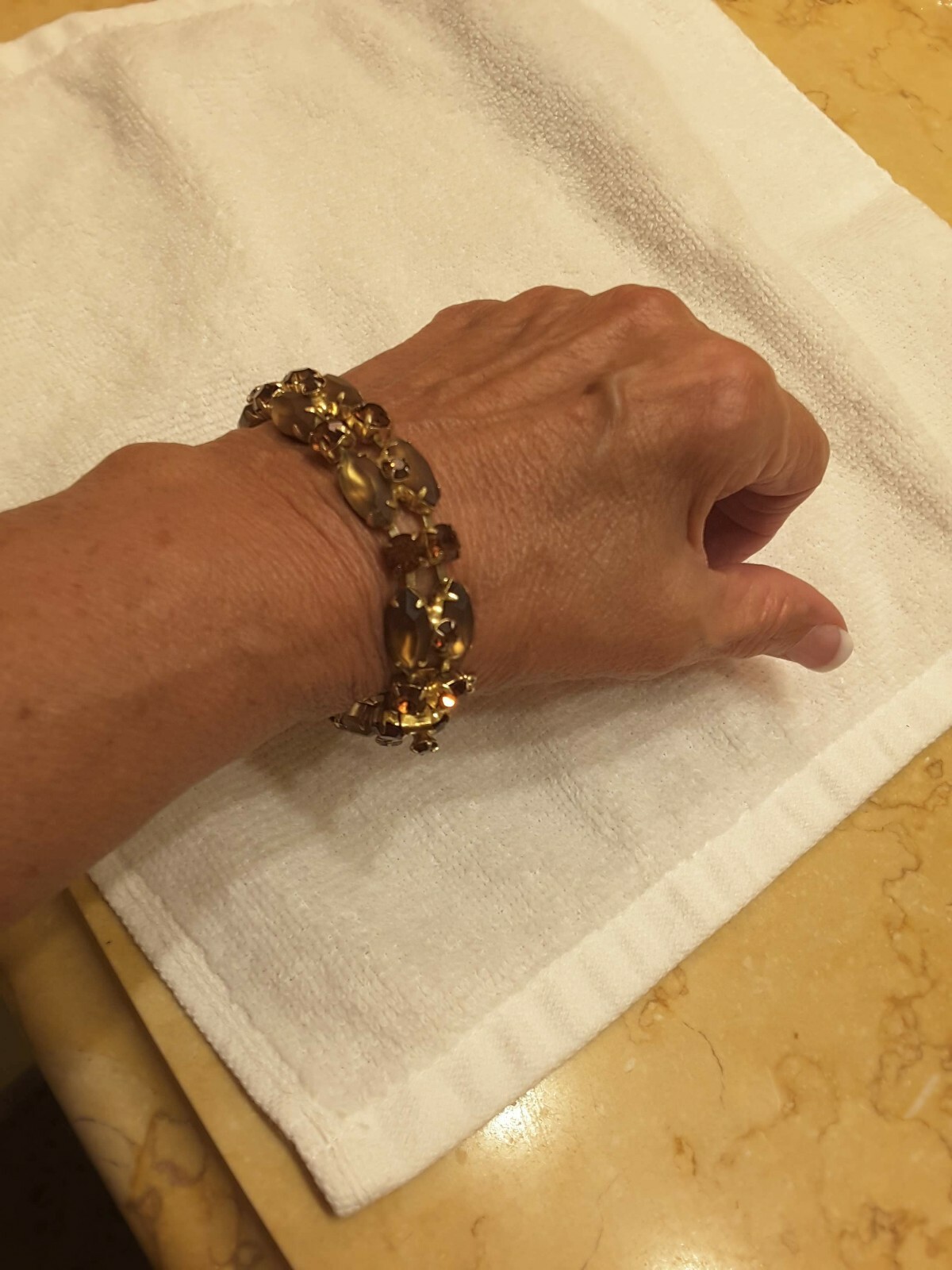 ELEGANT VINTAGE GOLD FILLED CZ TOPAZ BRACELET WITH SAFETY CHAIN 7 1/2″