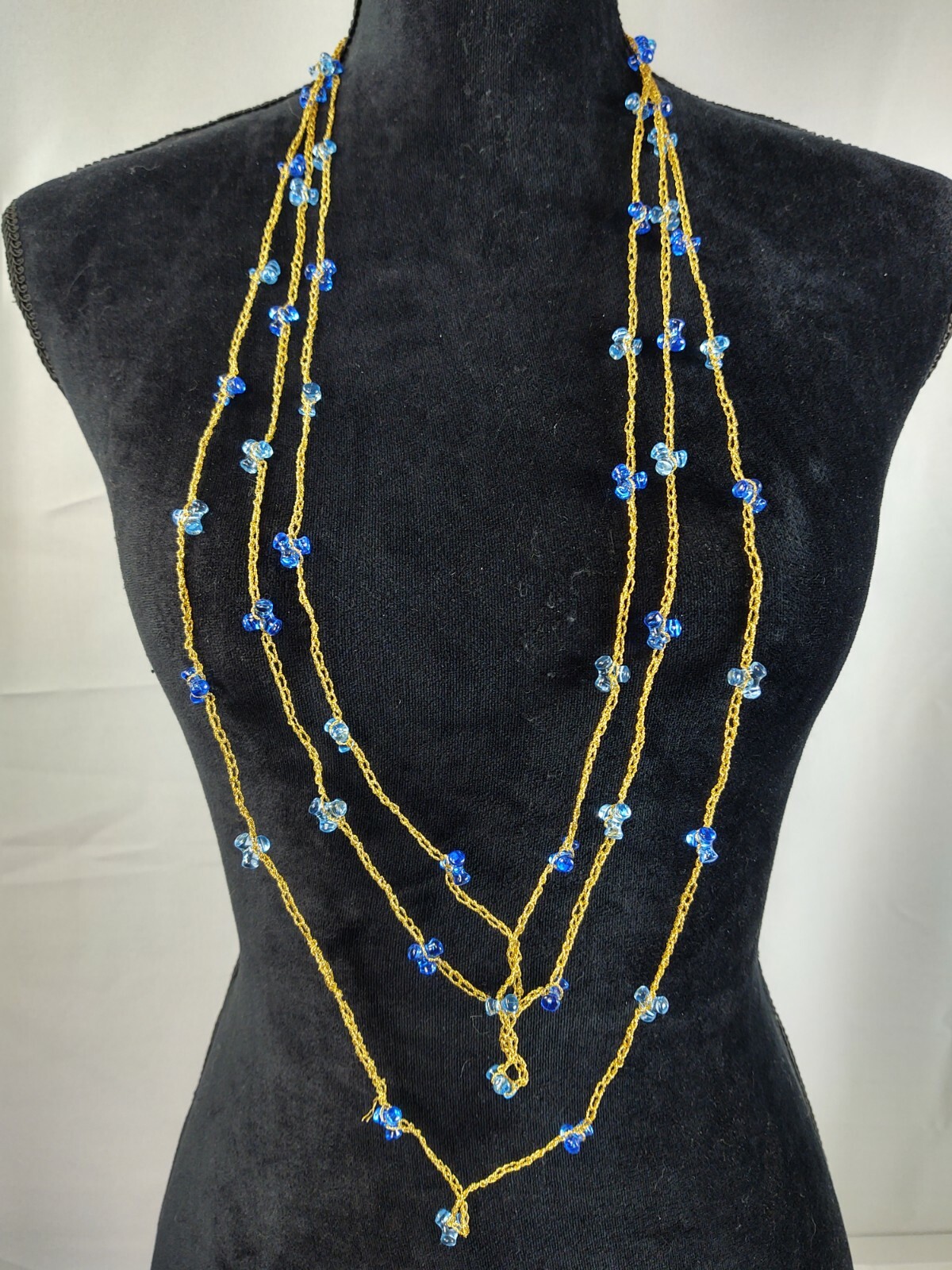 Vintage Blue Plastic Beaded Necklace Long Gold Tone Chain Costume Jewelry
