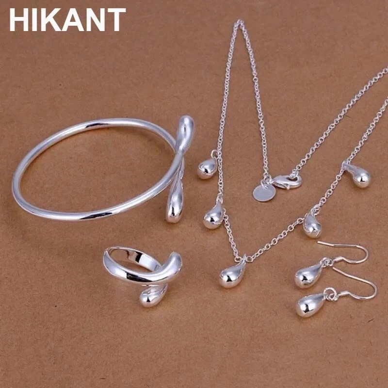 925 Sterling Silver Water Drop Jewelry Set Necklace Bracelet Earrings Ring Gift
