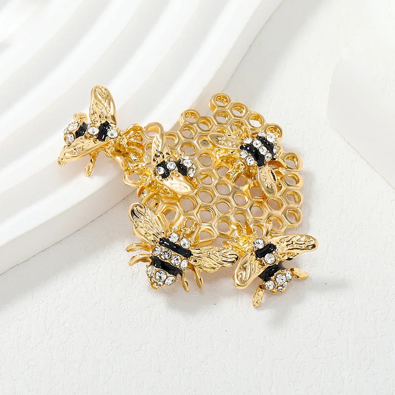 Vintage Gold Rhinestone Bees Brooch Pin – Unisex Insect Jewelry Honeycomb Gift