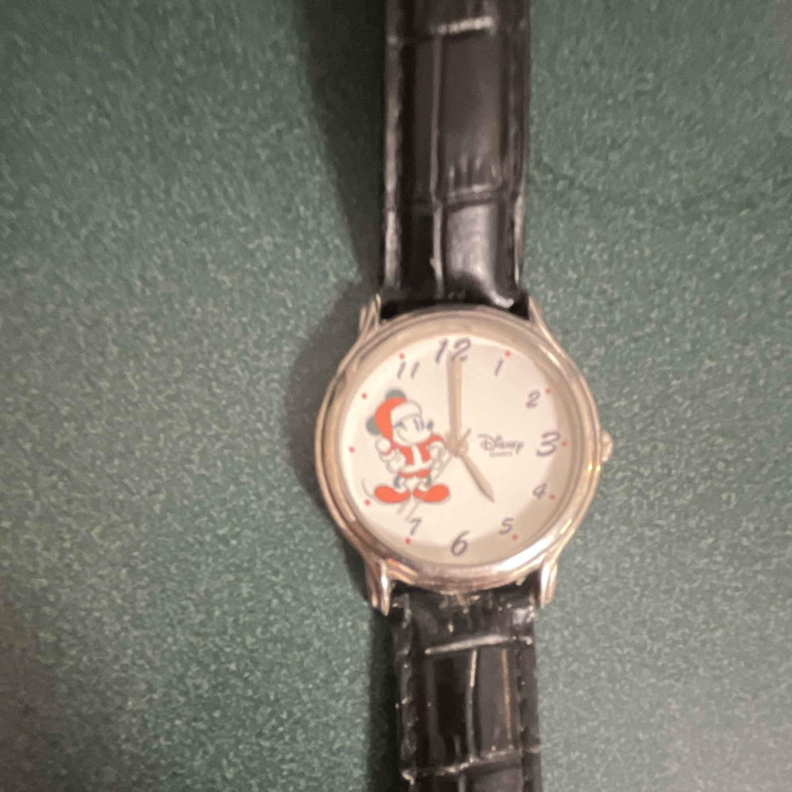 Disney Mickey Mouse Quartz Analog Watch 25mm Silver Case Black Leather Strap
