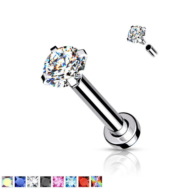 18G Flat Back Labret Nose Studs Rings Surgical Steel Prong Set Top CZ Gems Jewel