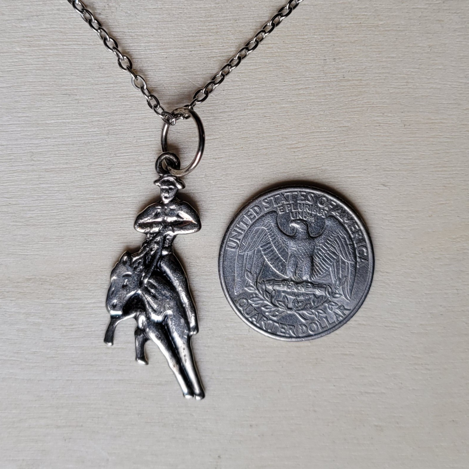 Western Cowboy On Horse Pulling Back The Reins Silver Tone Pendant 18in Necklace
