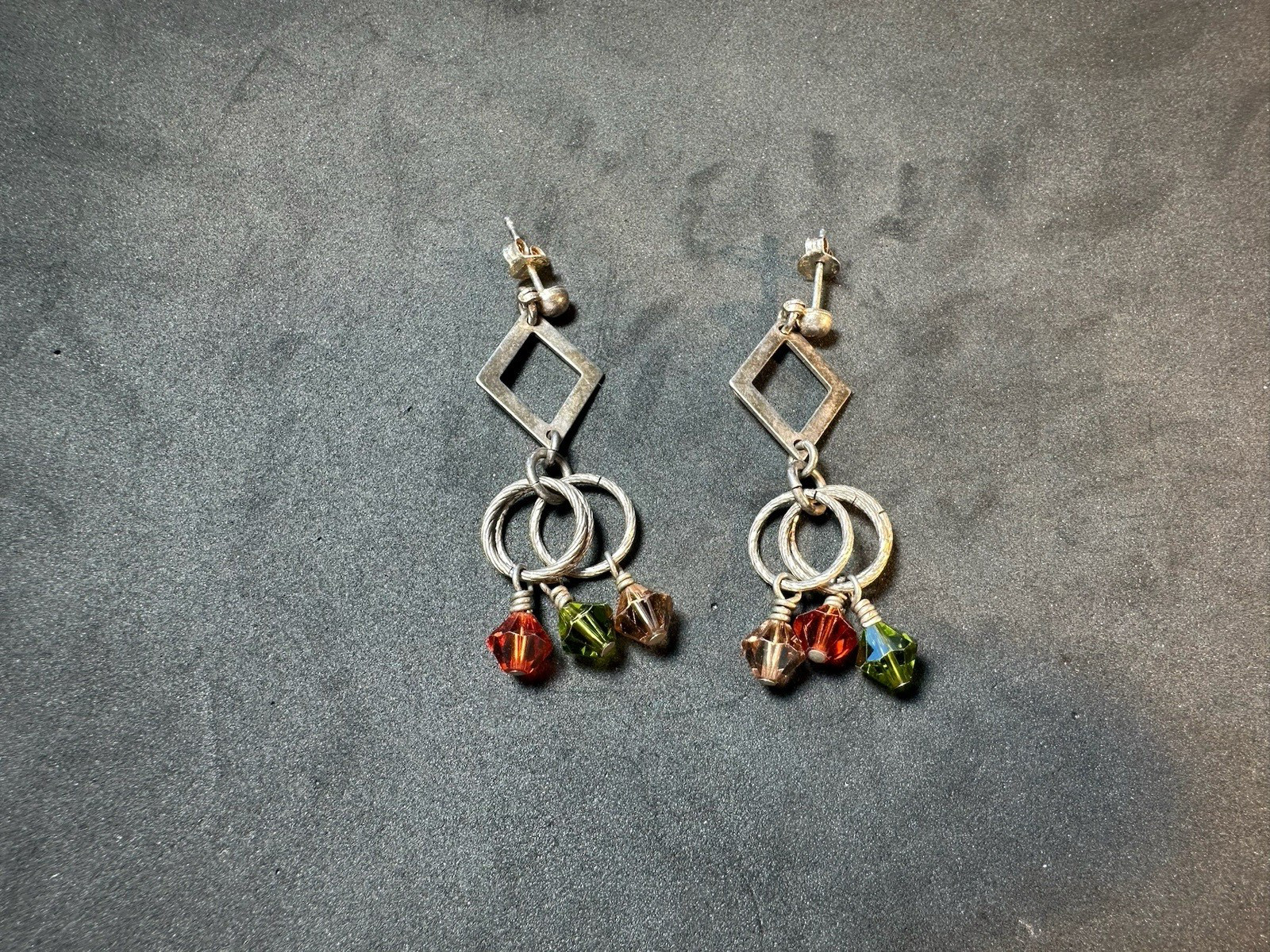 6.00g Sterling Silver Vintage 925 Multicolor Crystal Dangle Earrings Geometric