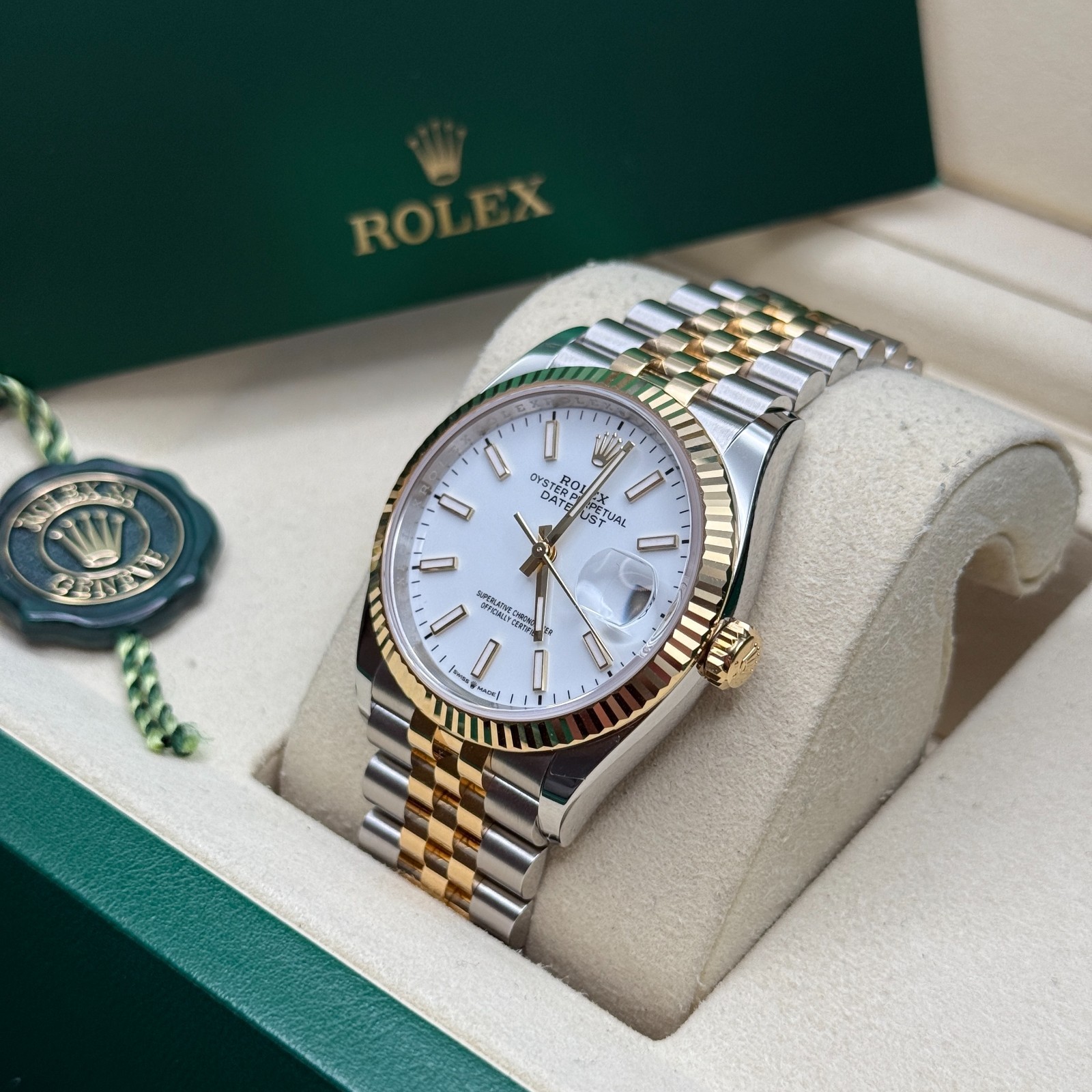 Rolex Datejust 36 White Index Dial Two Tone Yellow Gold Fluted Jubilee Bracelet