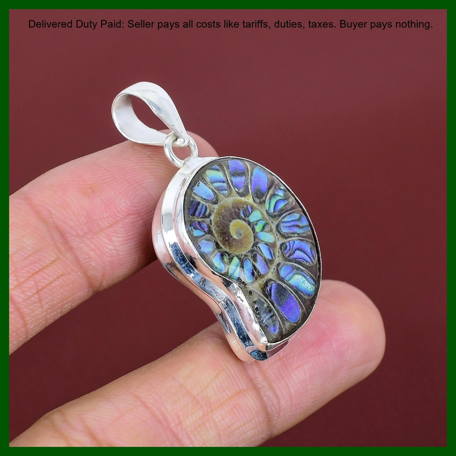925 Silver Abalone Shell In Ammonite Doublet Opal Gemstone Bezel Pendant Jewelry