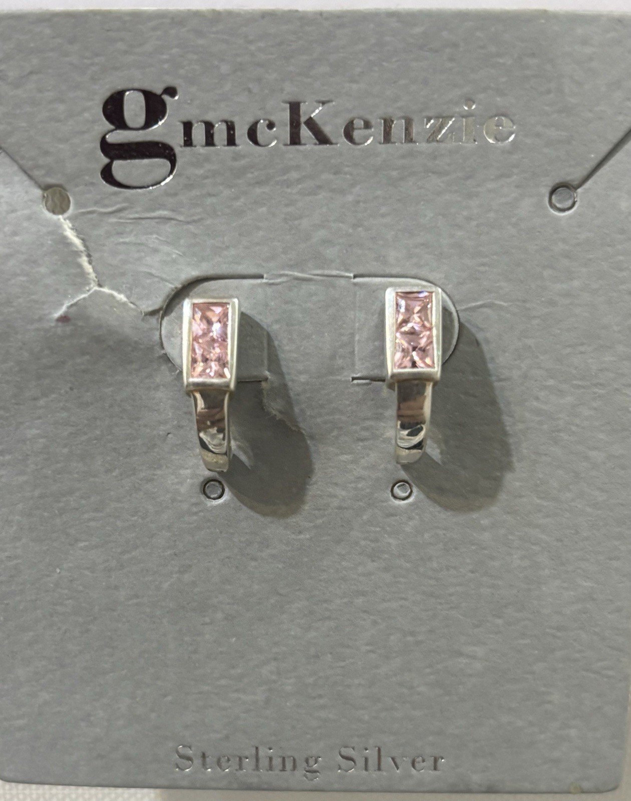 G McKenzie 925 Sterling Silver Pink Crystal Huggie J-Hoop Stud Earrings NWT