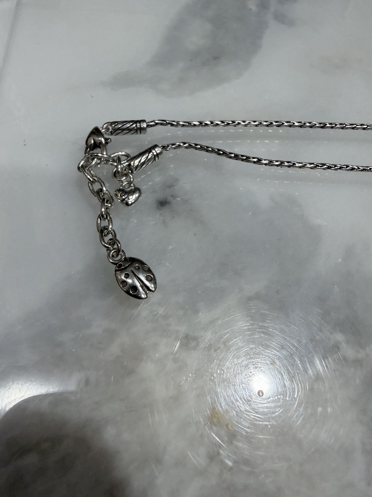 Brighton Silver Tone Charm Necklace Blue Beads Ladybug Heart Purse Horseshoe 20”