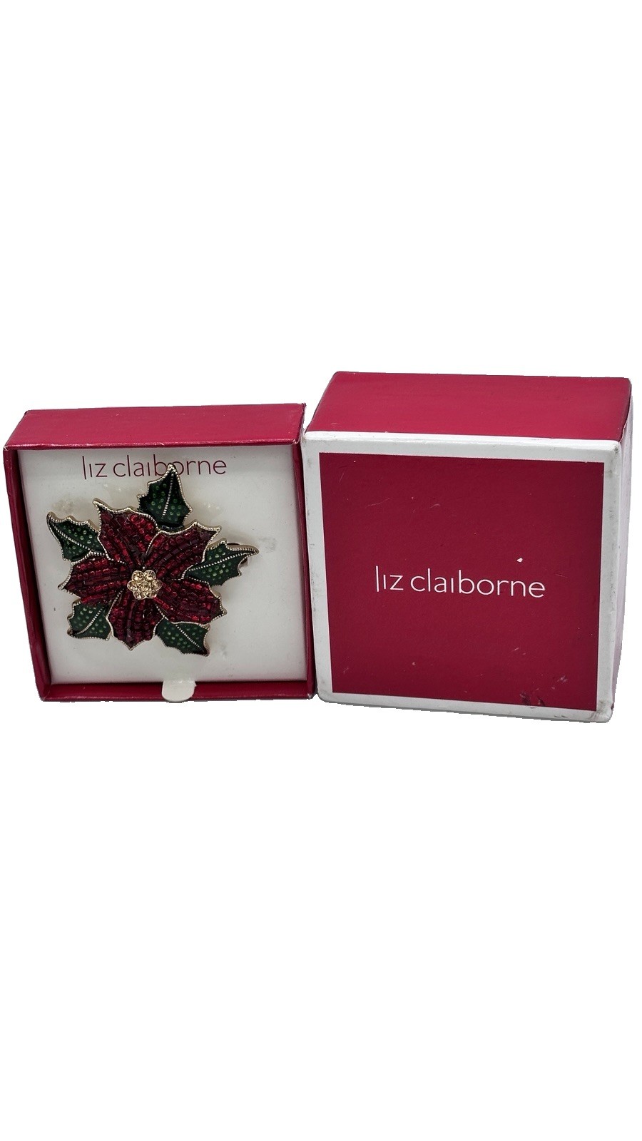 Liz Claiborne Poinsettia Brooch Pin Red Green Rhinestone Beaded w/ Box NWT