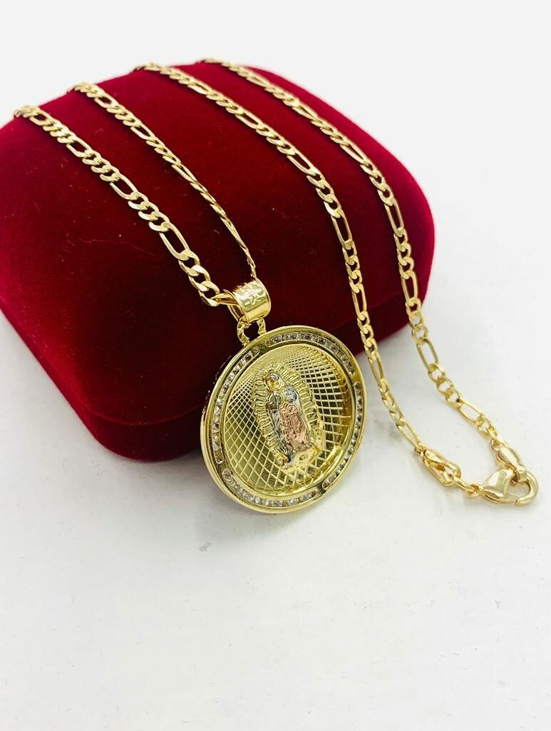 18″ Cadena y Medalla De La Virgen de Guadalupe Oro Laminado Para Mujer Tres Oros