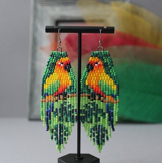 Parrot Tribal Earrings Native Boho American Seed Beads Handmade Earring