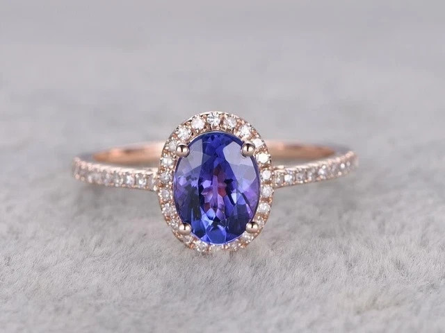 Oval Shape Wedding Halo Simulated Tanzanite Ring 14K Rose Gold Finish 925 Silver