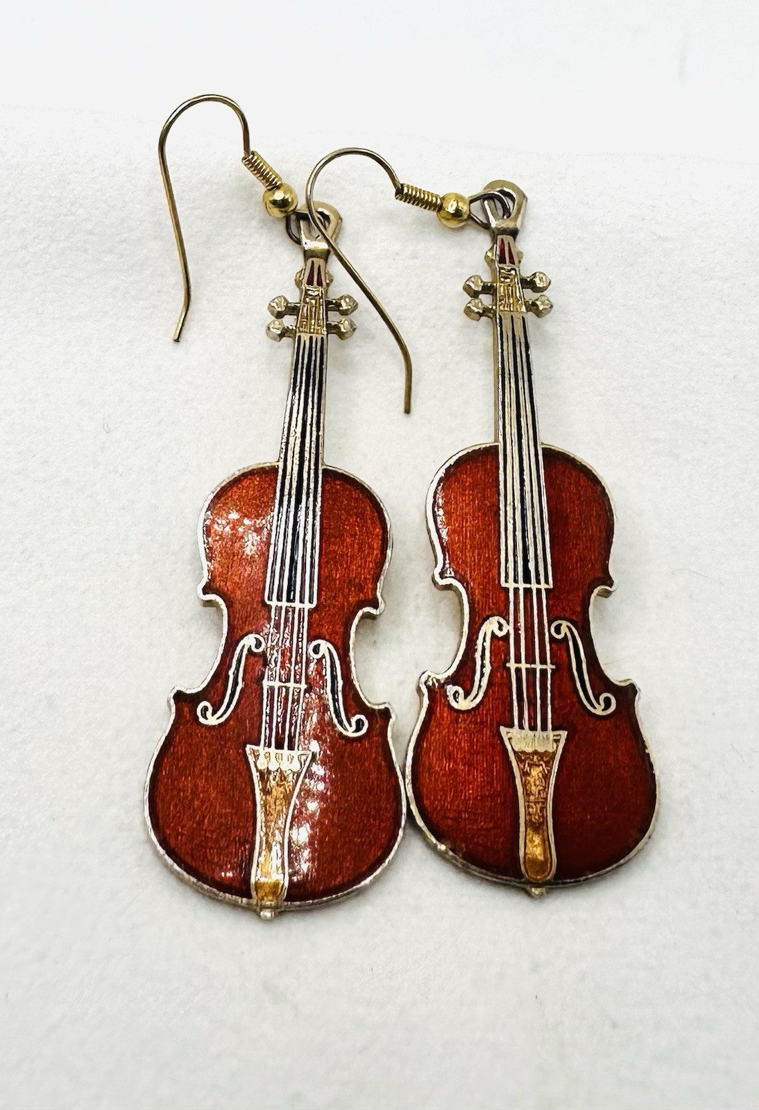 Vintage Future Primitive Violin Earrings Enamel Red Fiddle Musician Dangle