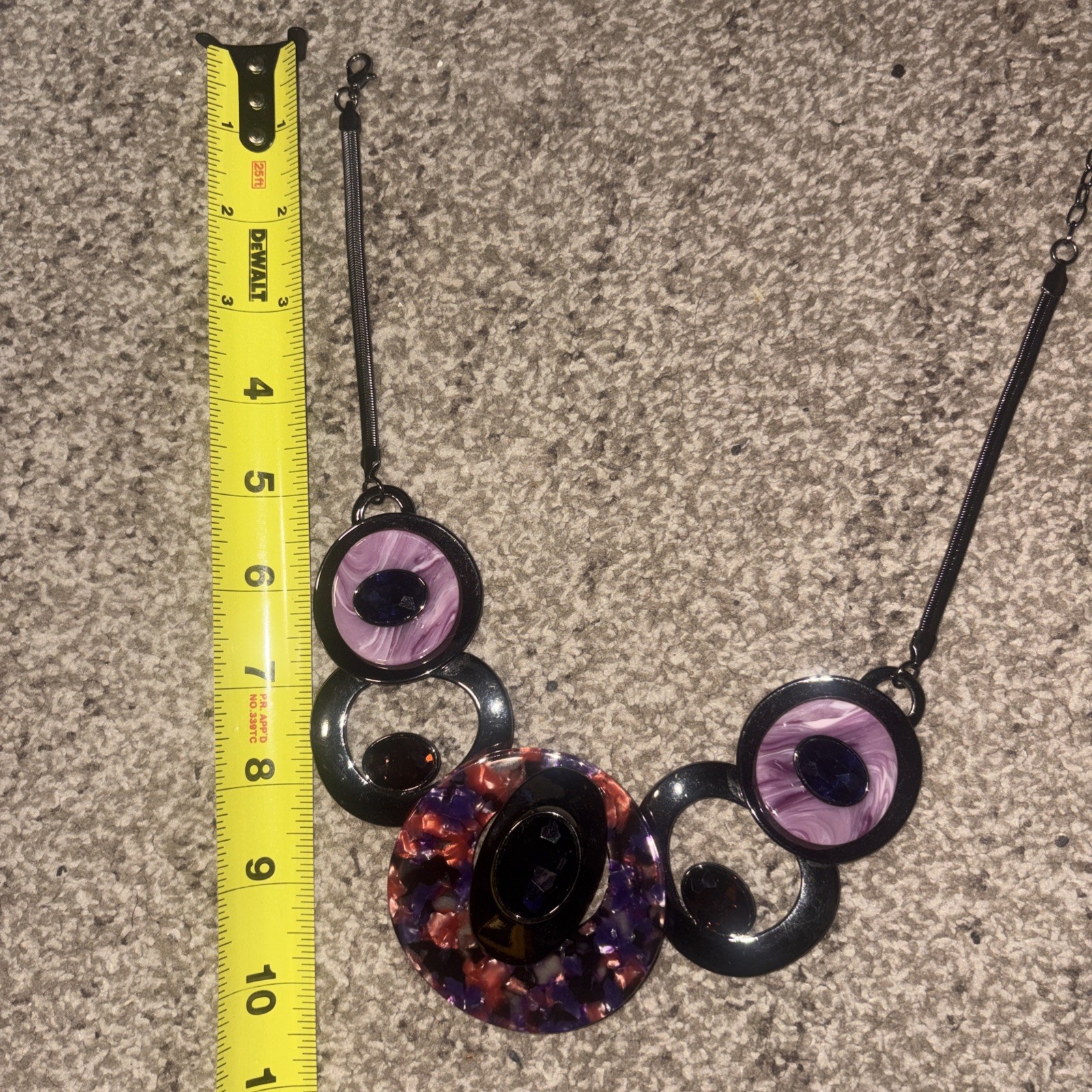 Chunky Purple Resin Statement Necklace- Marbled Geometric Bib Choker Silver Tone