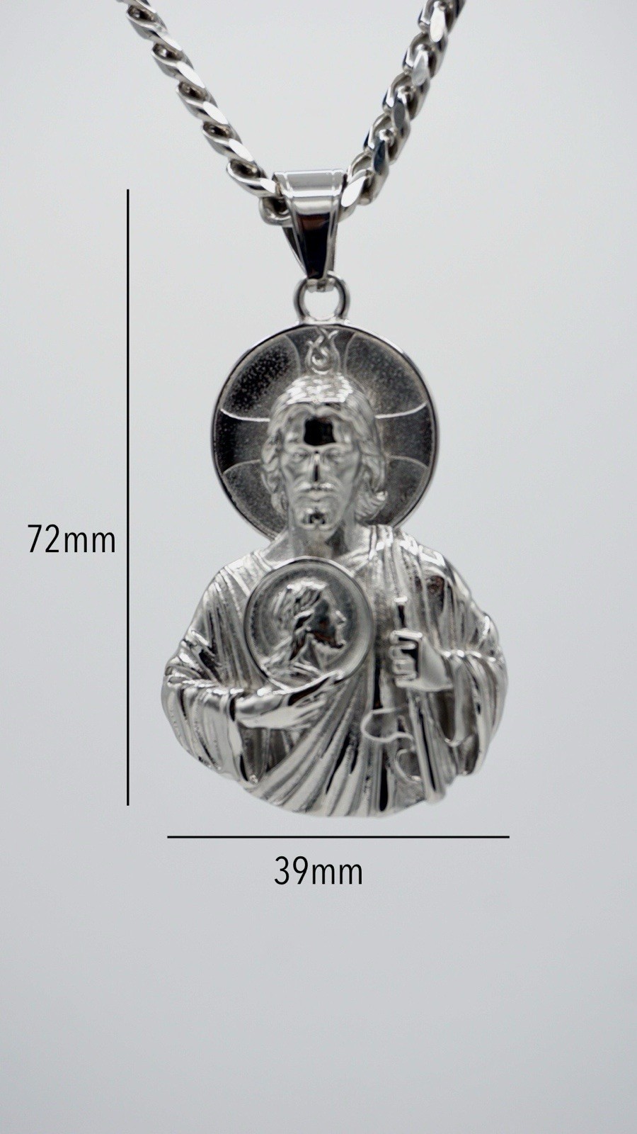 San Judas tadeo Stainless Steel Con Cadena Cubana De 7mm En 24” Pulgadas