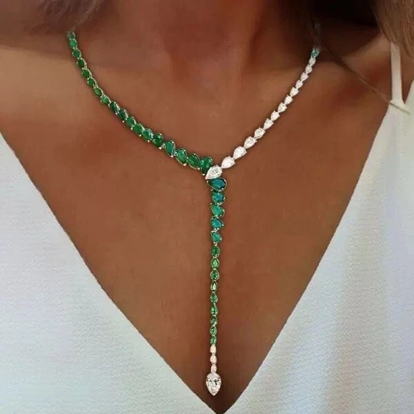 Lab-created 36Ctw Pear Green & Diamond 14k White Gold Plated tennice Necklace