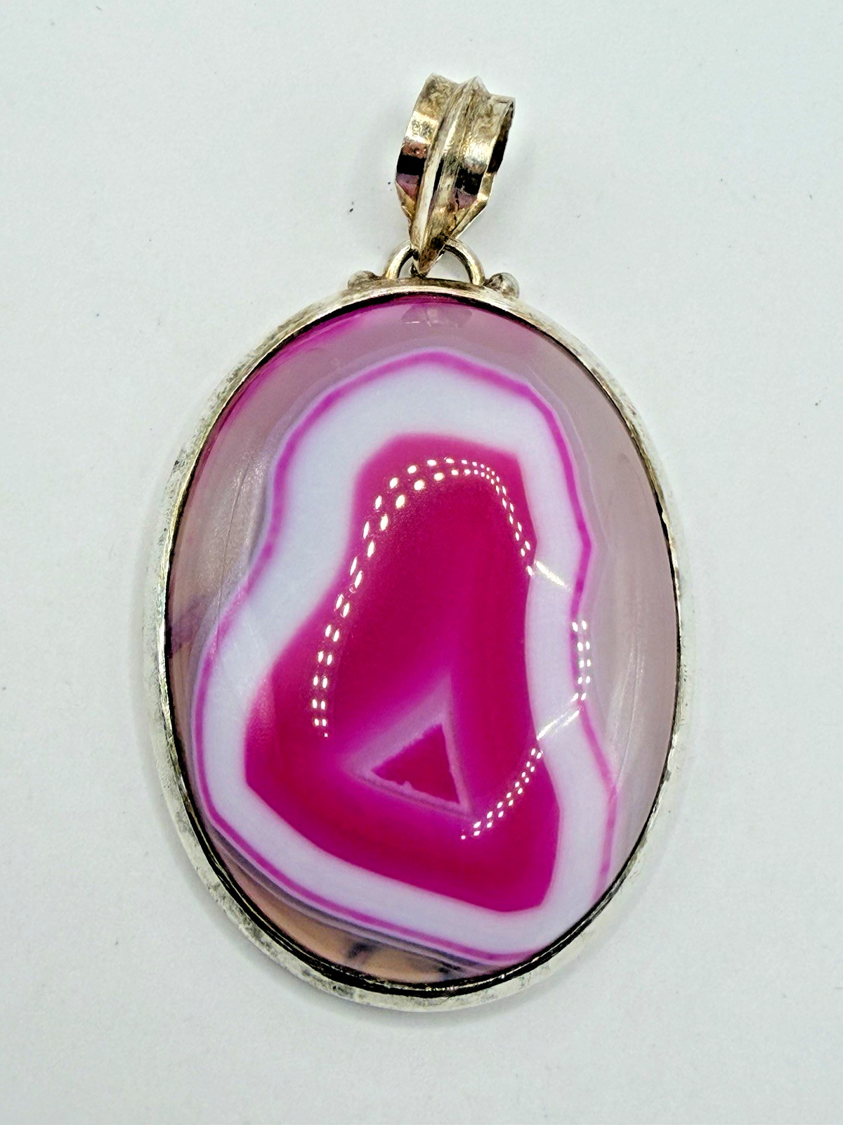 925 STERLING SILVER HOT PINK & FUCHSIA AGATE SLICE CHARM PENDANT VINTAGE