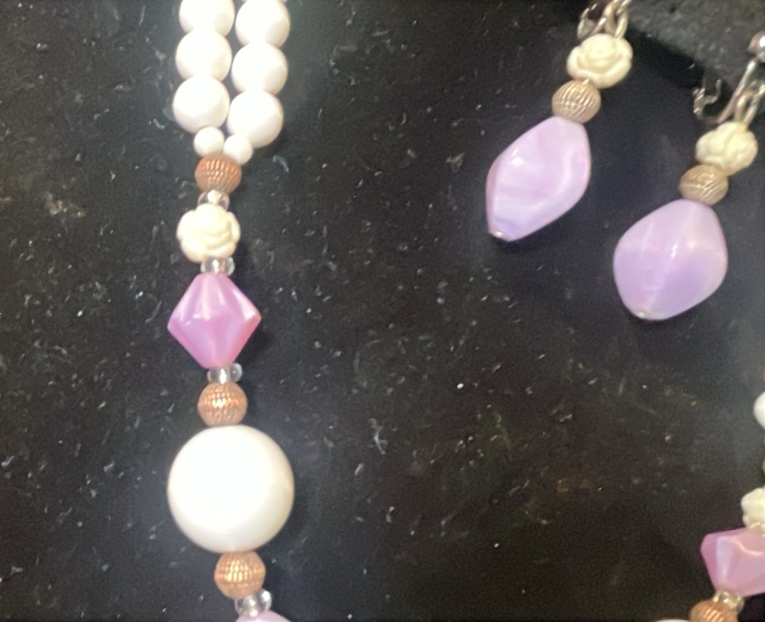 Vintage Lavender, White & Cream “carved” Flower Beaded Necklace & Earrings Set