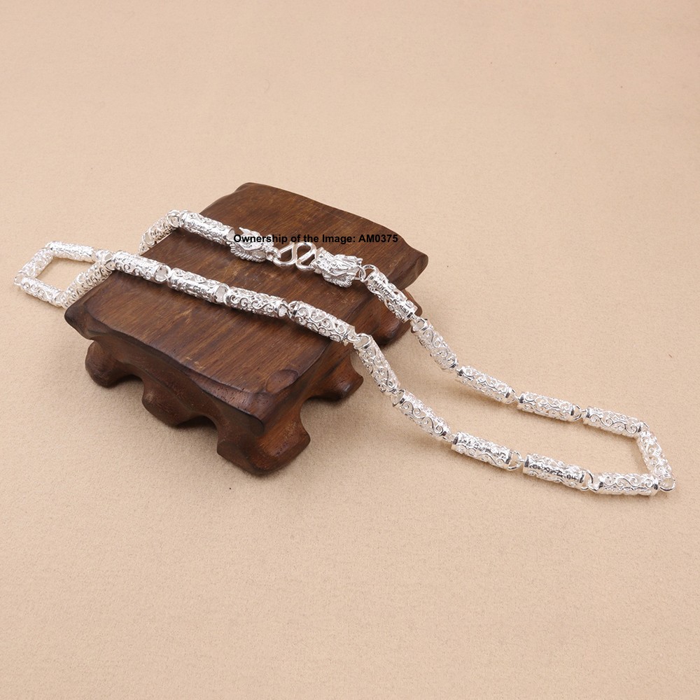 Real 999 Fine Silver Floral Tube Link Chain Necklace 6mm Width Filigree Jewelry