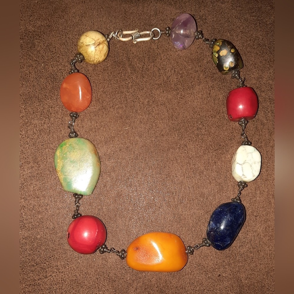 Turquoise coral lapis sterling 925 necklace vintage 15in gemstones Choker