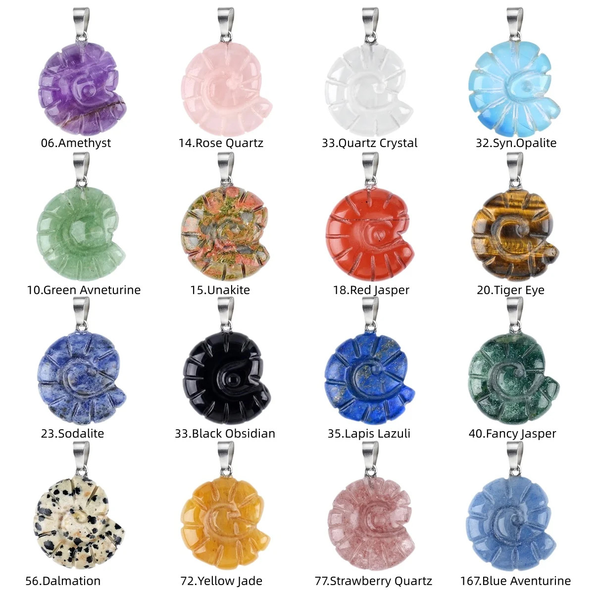 5PCS Carved Gemstone Conch Shell Pendant 25mm Crystal Ammonite Fossil Charms
