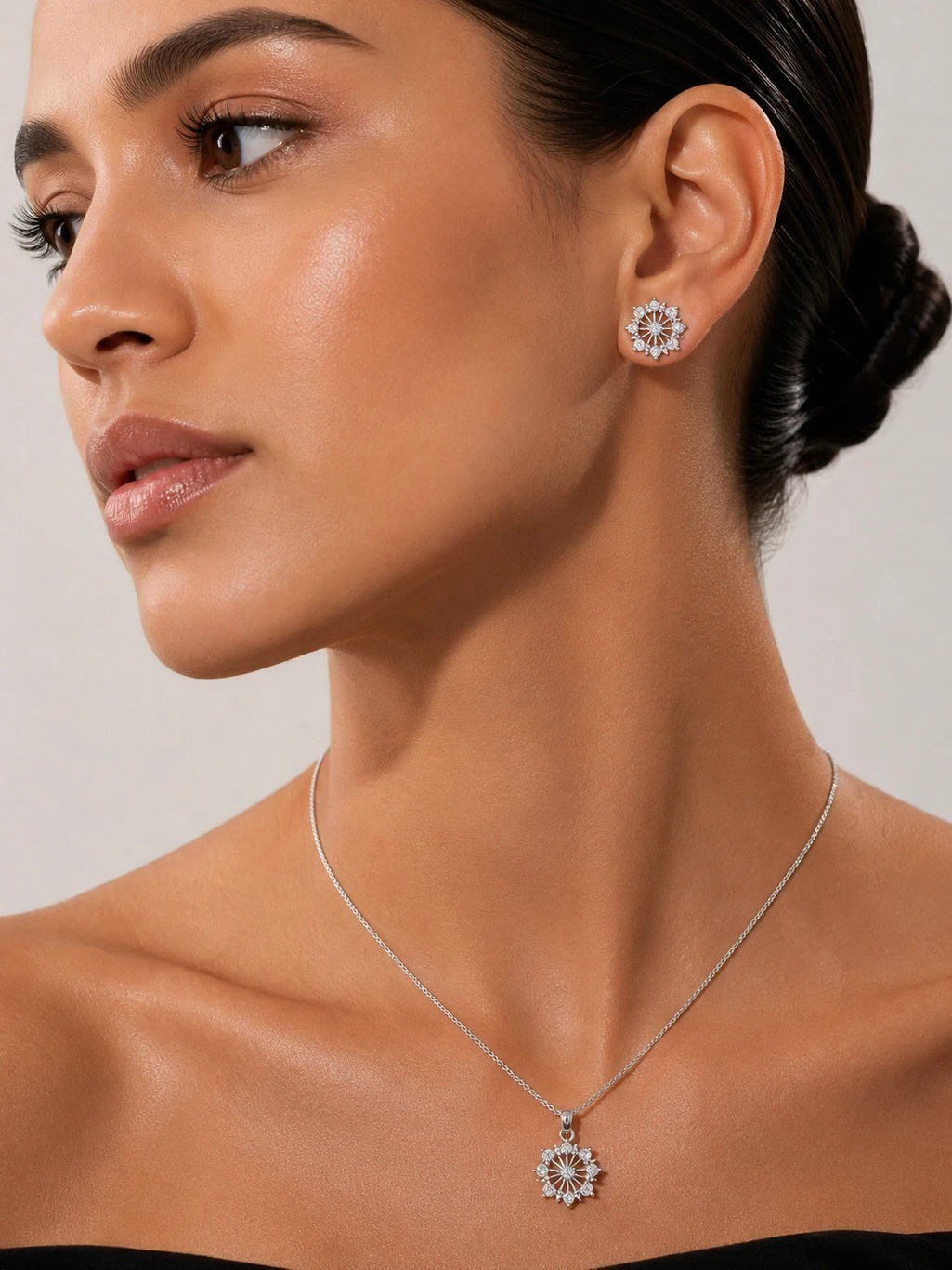 Elegant Crystal Flower Necklace Earrings Set Beauty Occasion lab created stone