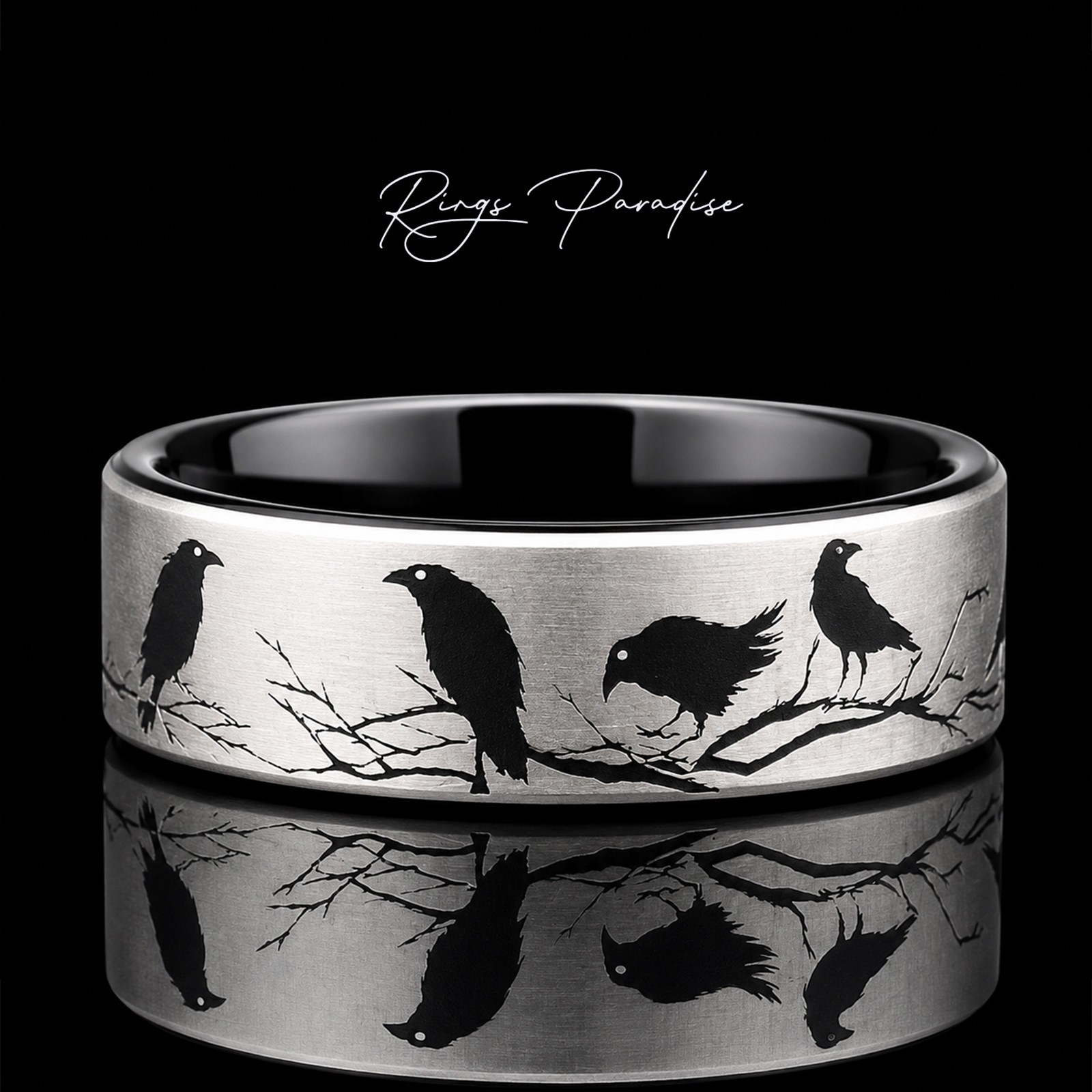 Raven Ring | Black Tungsten Wedding Band With Tree Branch Engraving