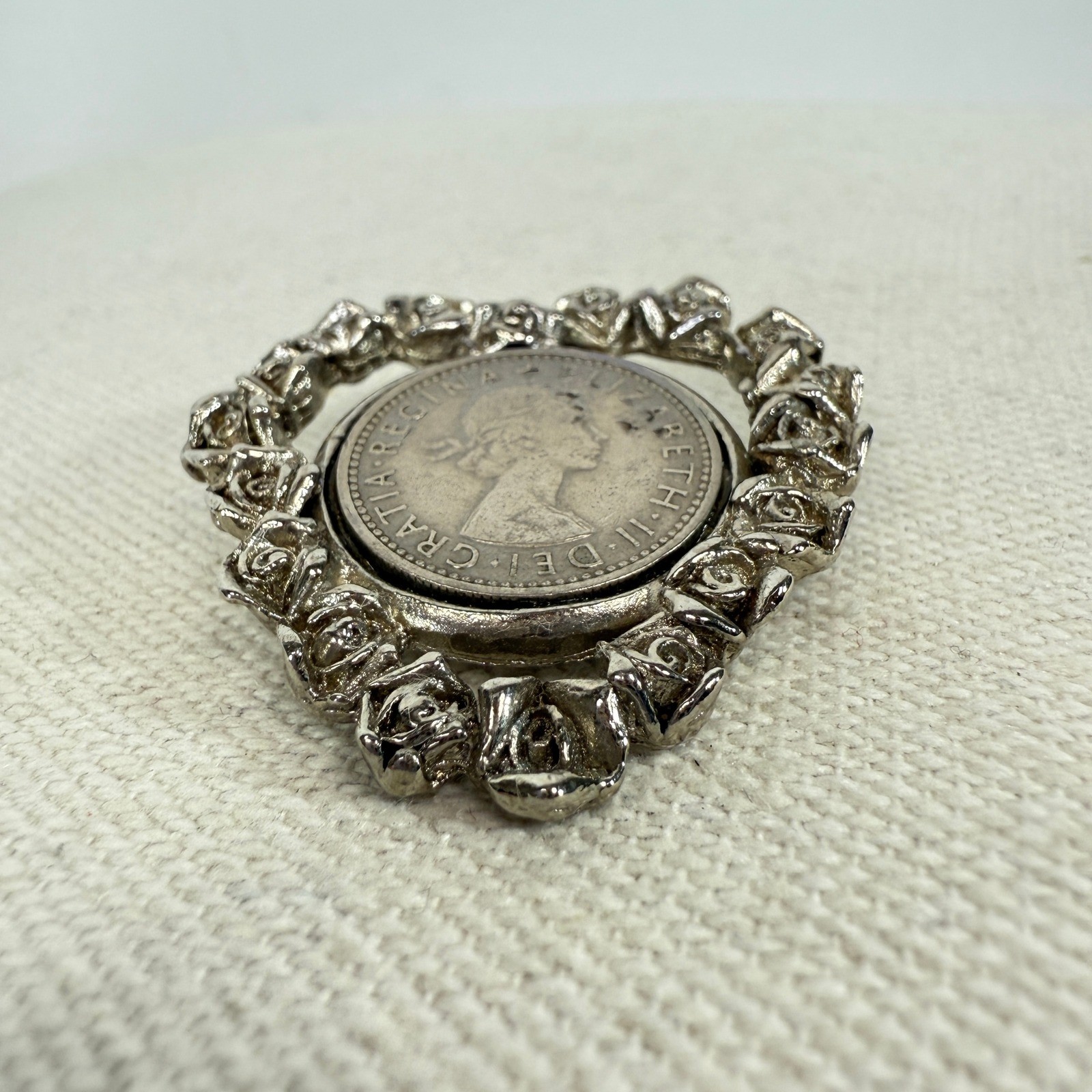 Vintage Coin Pendant Rose Flower Elizabeth II Six Pence 1964 Silver Tone