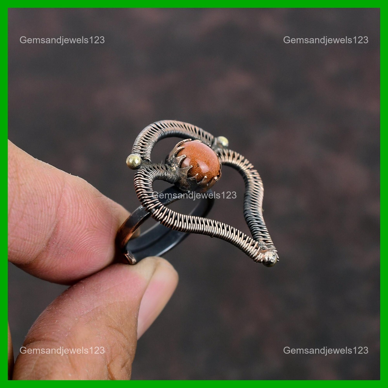 Copper Sun Sitara Stone Handcrafted Stackable Wire Wrapped Sister Ring Jewelry