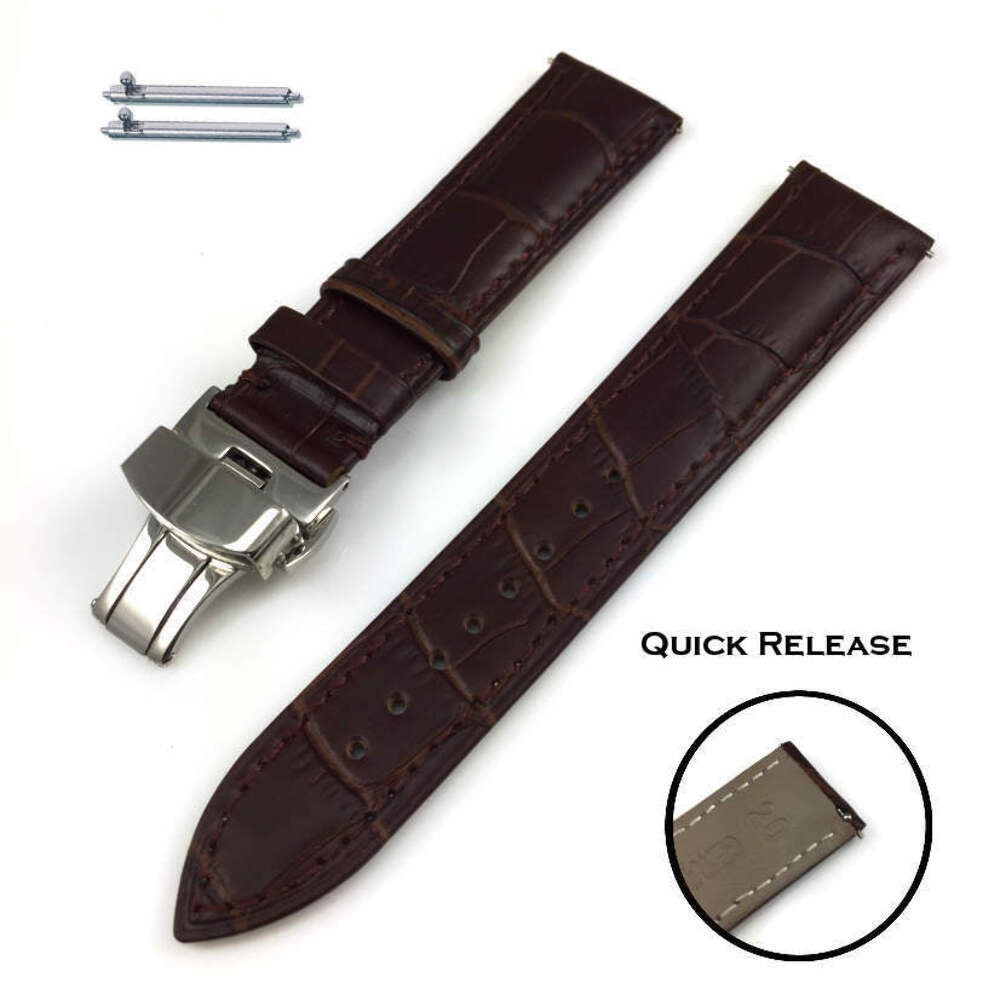 Brown Croco Quick Release Leather Watch Band Strap Butterfly Clasp Buckle #1032