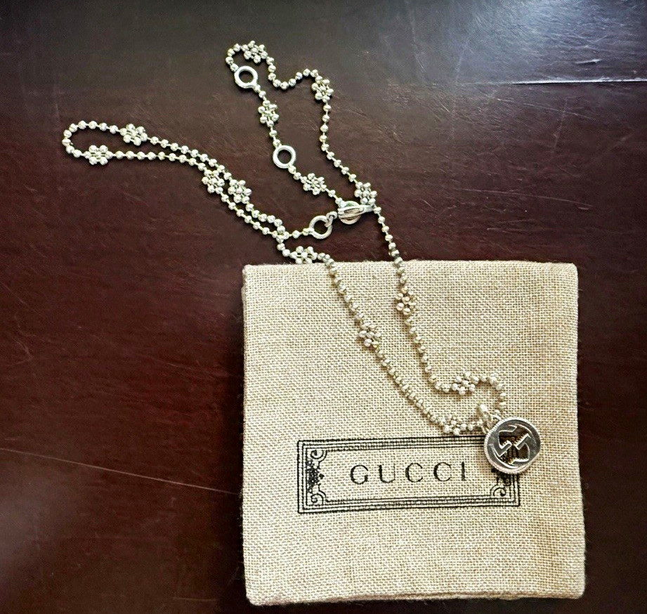 Gucci Silver Tone Ball/Bead Chain Necklace Round Charm Pendant Adjustable
