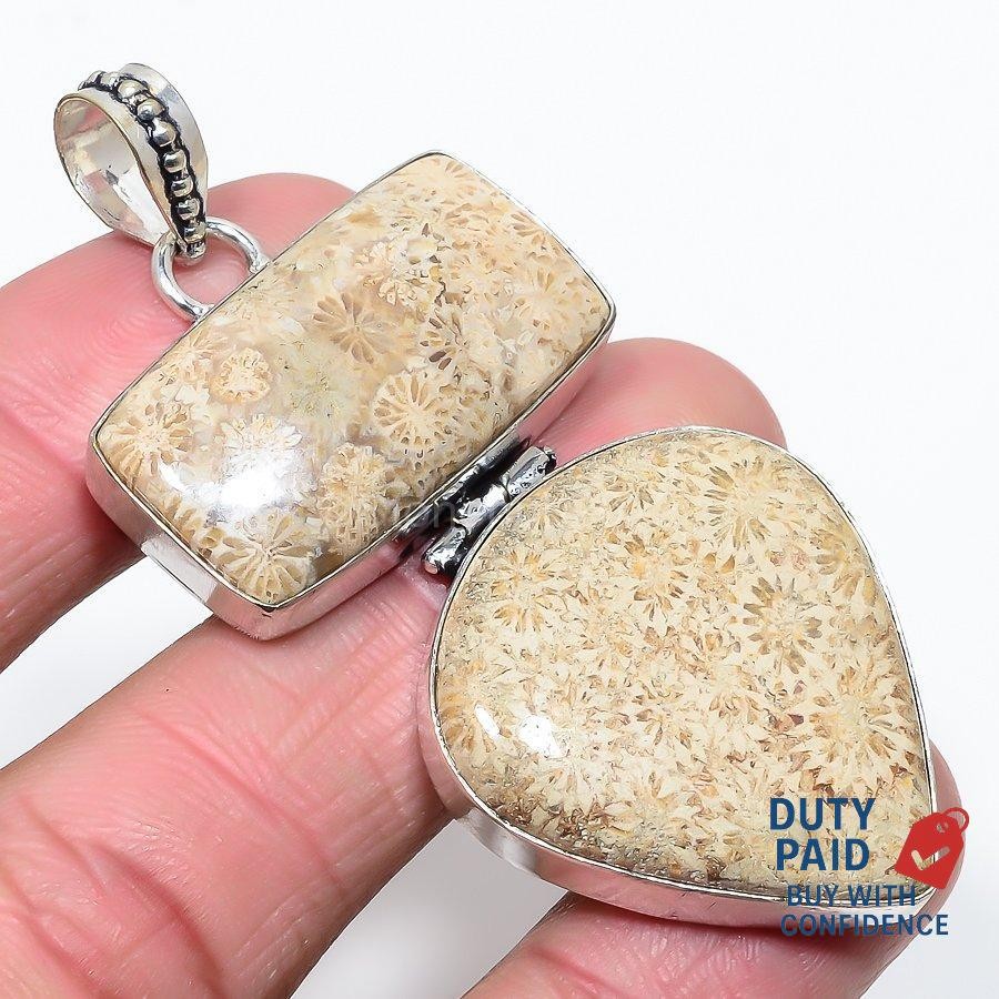Natural fossil coral Root Chakra Art Deco Mother Channel Set Pendant 925 Silver