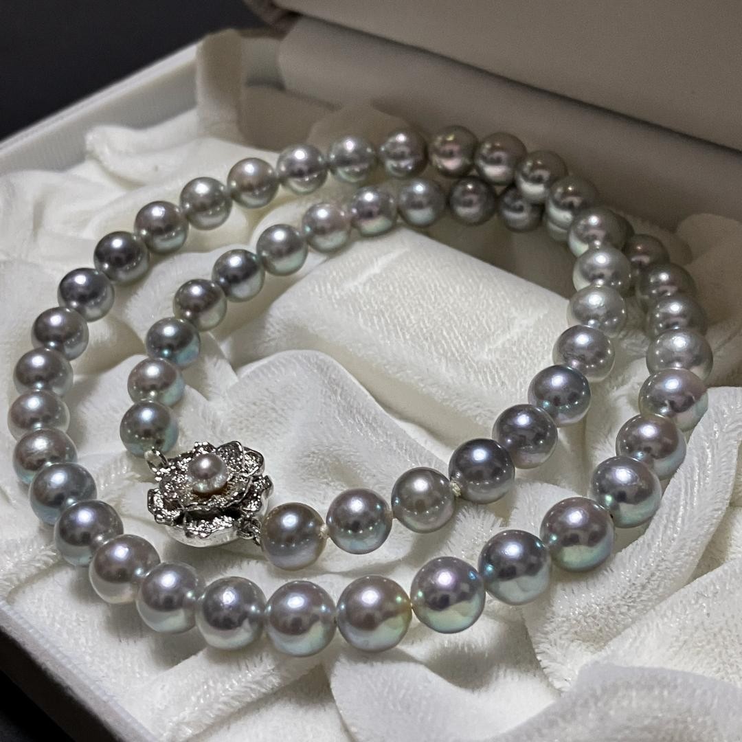HIGH LUSTER 7.0-7.5MM GREY AKOYA PEARL NECKLACE SILVER CLASP 42CM JAPAN