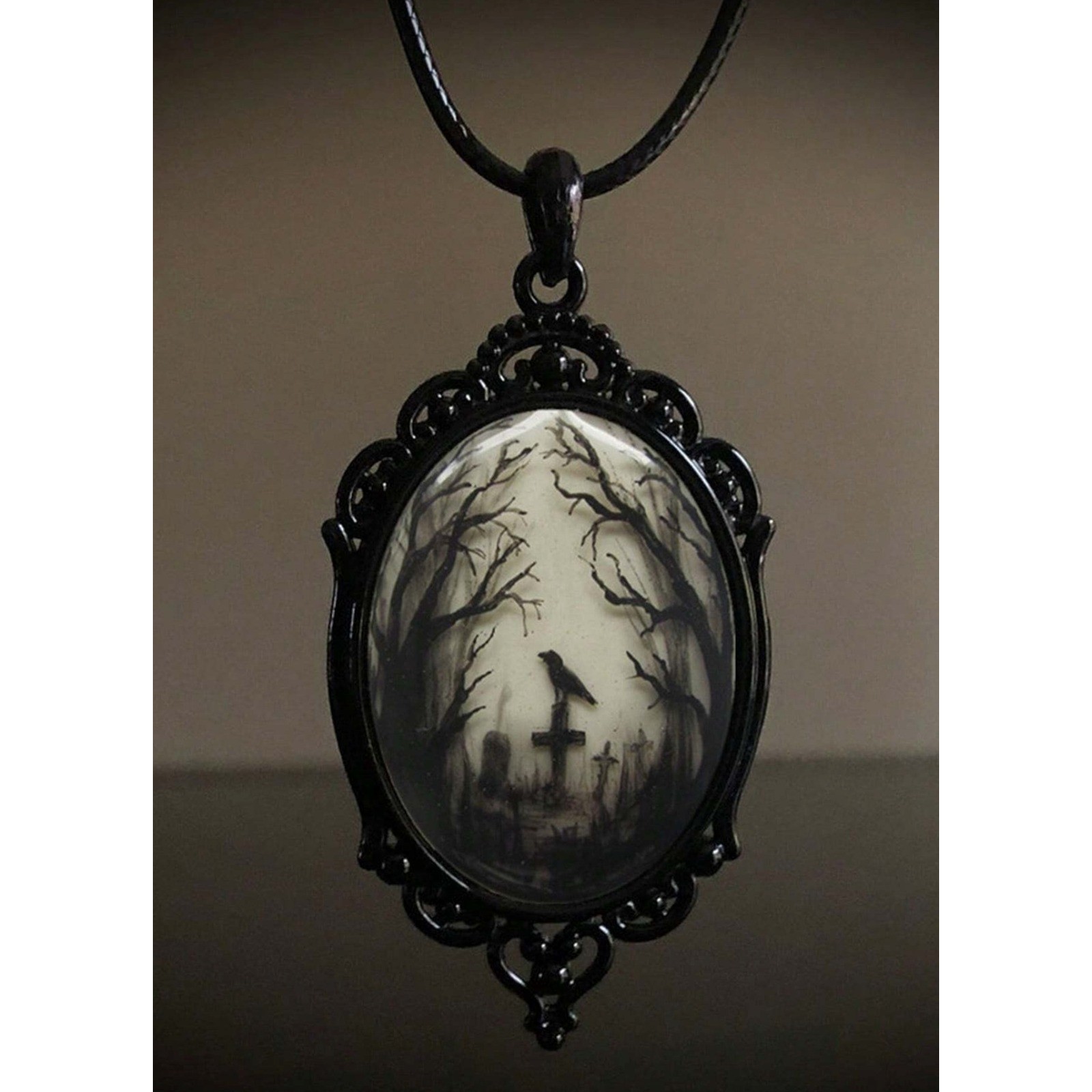 Gothic Raven Graveyard Cameo Pendant Necklace Black Filigree Victorian Jewelry