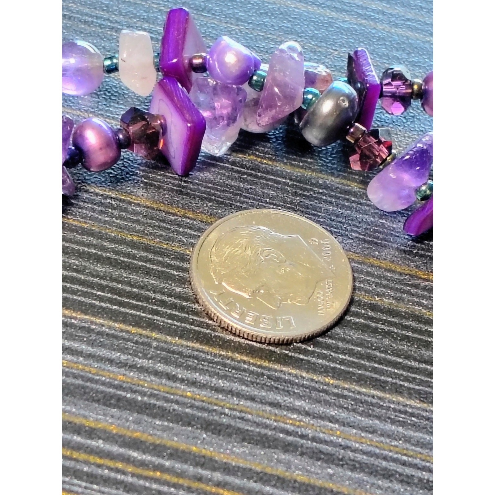 N774 Artisan Double Strand Amethyst Chip Bead Necklace Purple Shell Pearl Boho