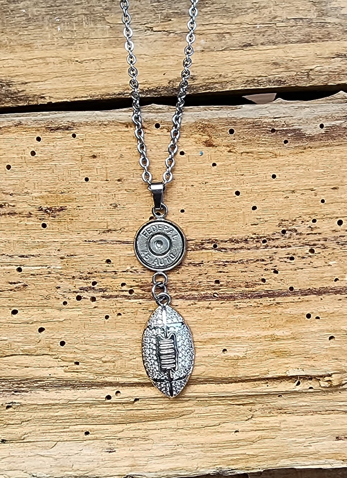 Stainless Steel Bullet Necklace with Football Charms. Optional Crystal.