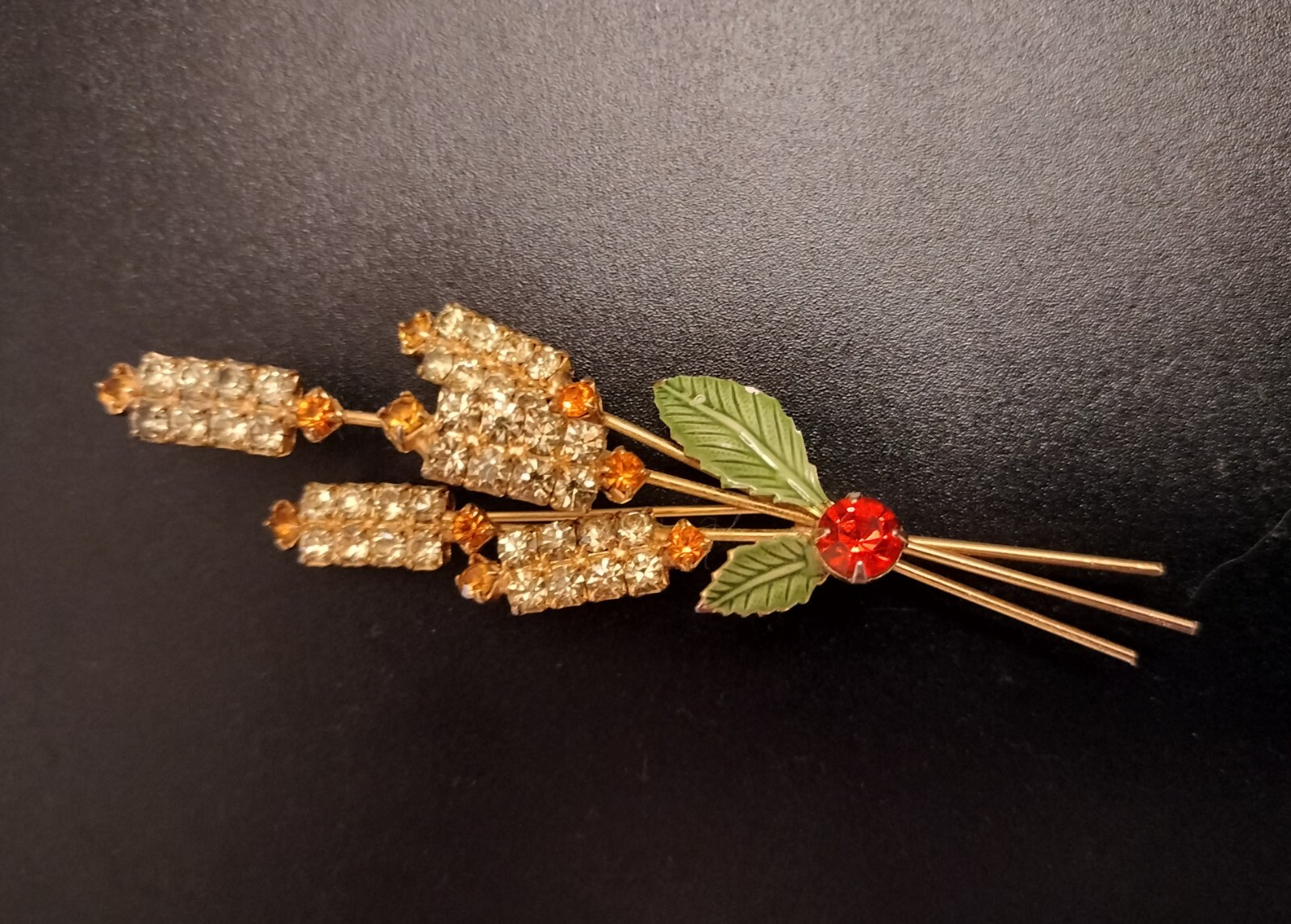 VTG Brooch Cattails Reed Beautiful Red, Orange & Rhinstones w/ simulated Diamo