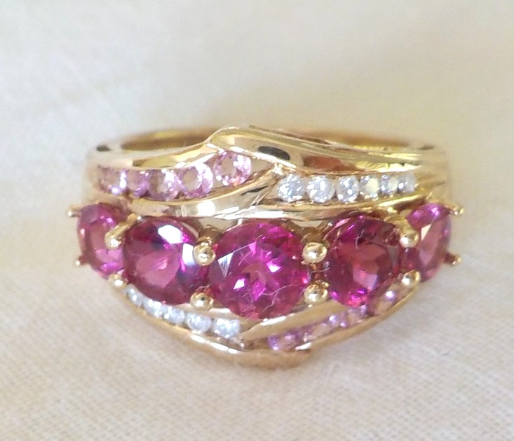 18K Yellow Gold Cluster Pink Gemstone Diamond Ring – 4.36 gms, Sz 6.75, 1.60 ctw