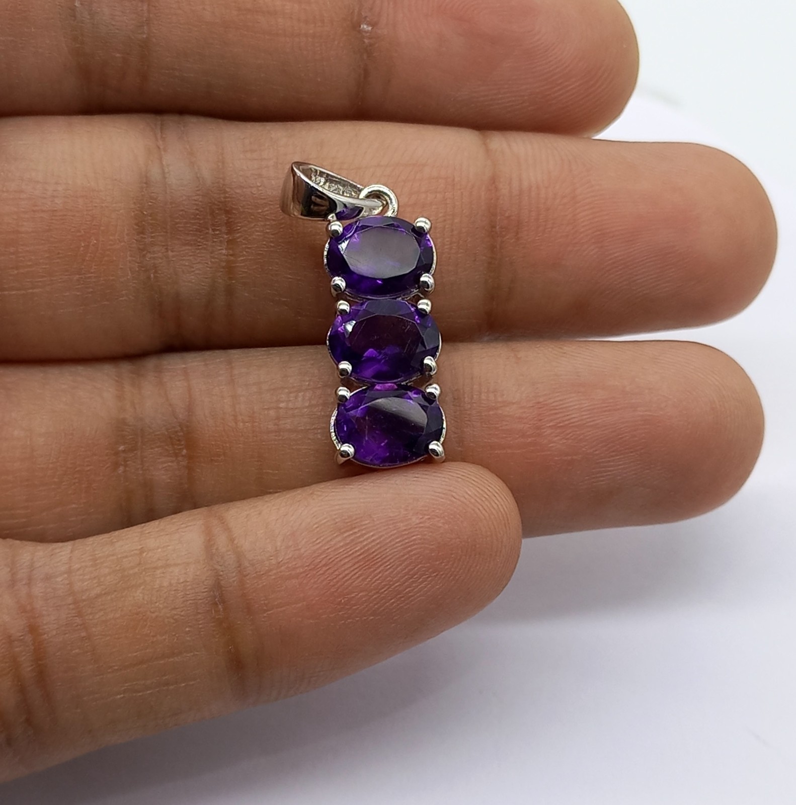 Three Purple Amethyst Stone Pendant 925 Sterling Silver Jewelry
