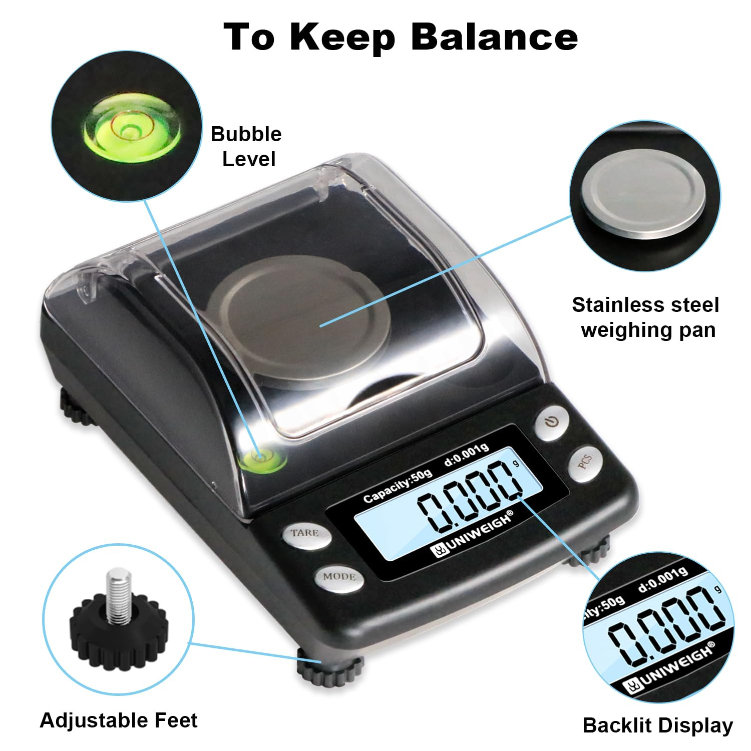 UNIWEIGH Digital Milligram Scale Accurate 0.001G/50G,Precision Mg Scale for Jewe