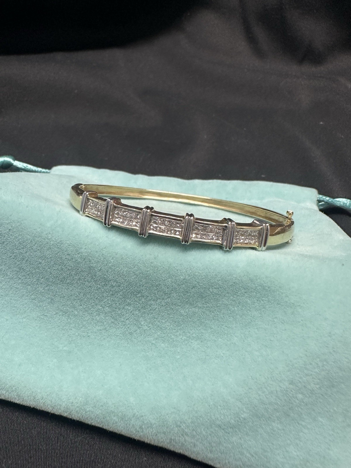 Vintage 14K Yellow Gold Princess Cut Diamond Bangle Bracelet 15g Estate Jewelry