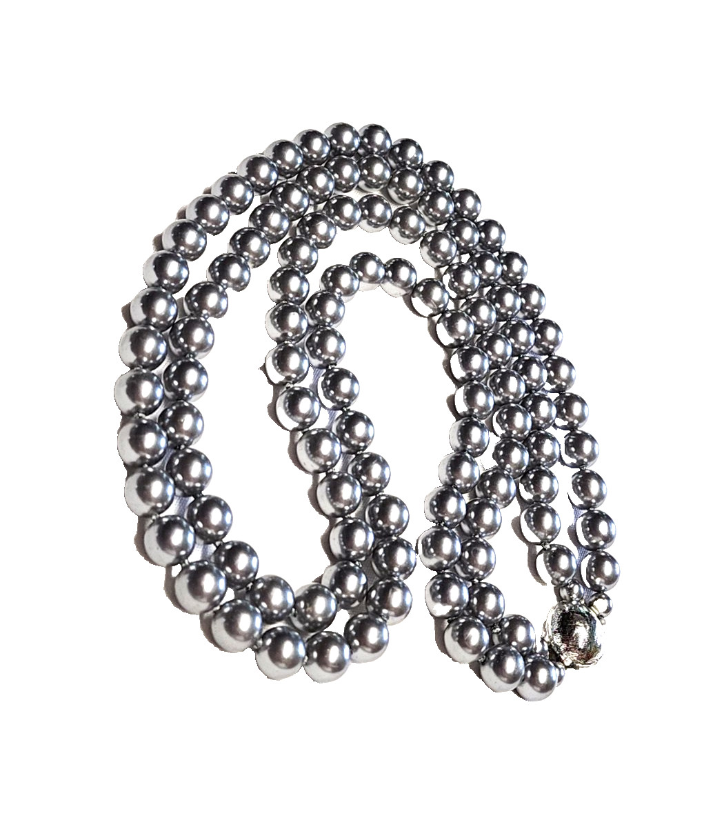 Vintage Silver Gray Long Faux Glass Pearl Necklace Pretty Push Lock Clasp 22”