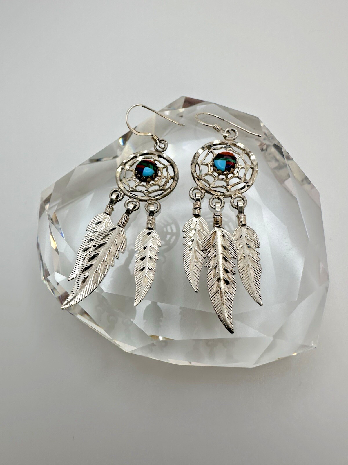 Vintage Sterling Silver Native American Dream Catcher Dangle Earrings 6.6cm JB22
