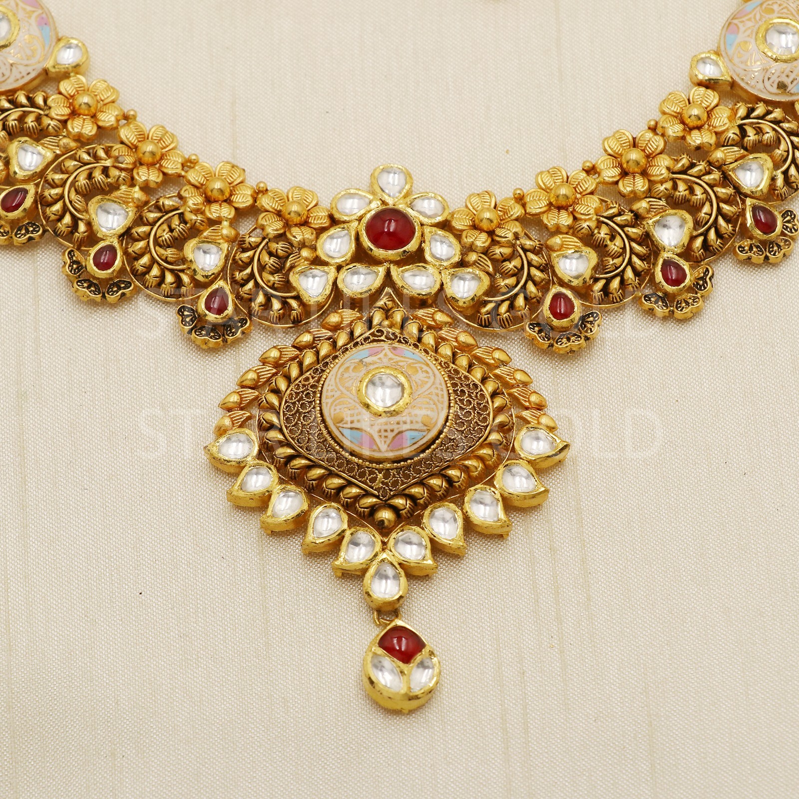 22K Yellow Gold Kundan Meenakari Choker Necklace Earrings Set Bridal 46g Fine